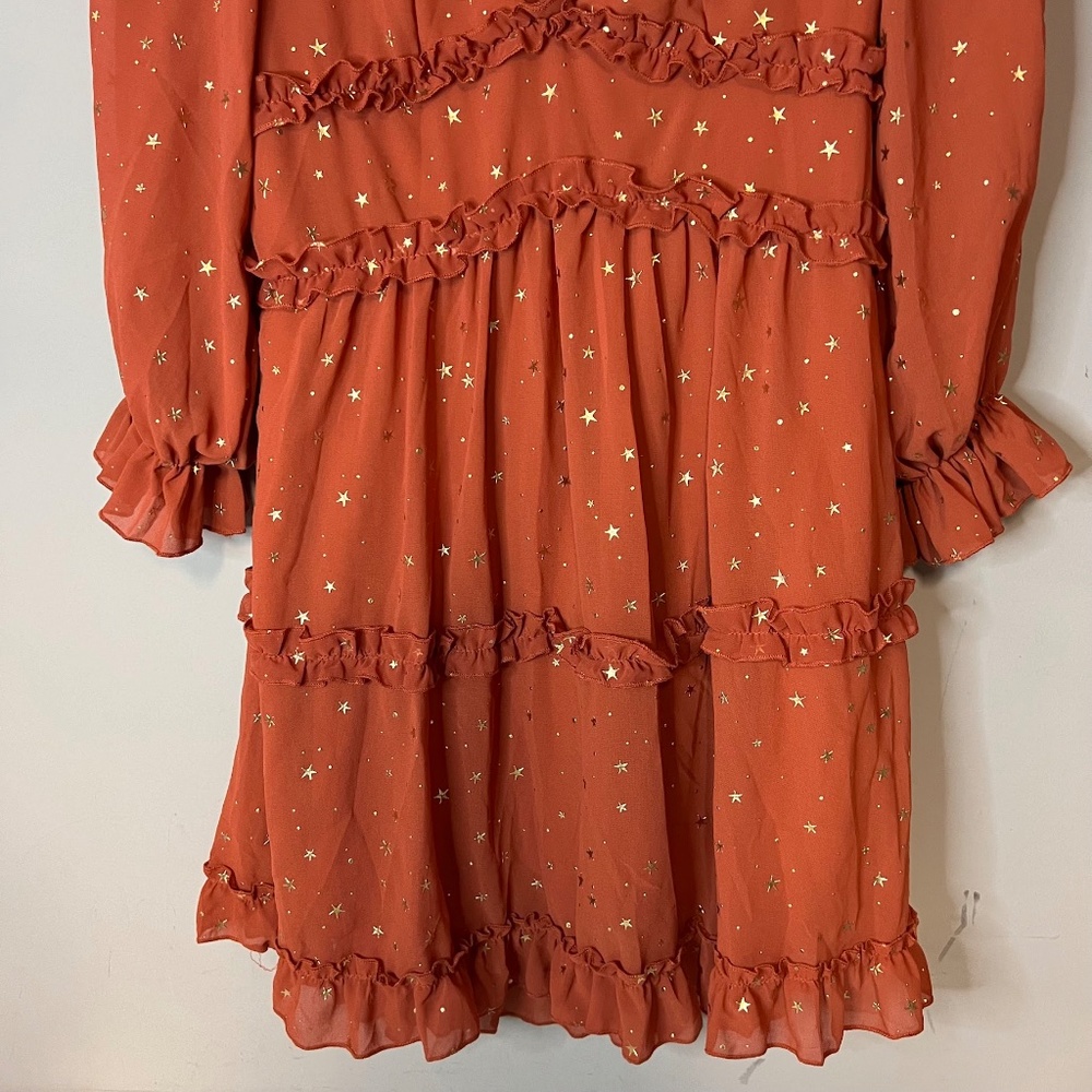 Burnt Orange & Gold Star Print Layered Open Back Dress Whimsical Celestial - Picture 3 of 7
